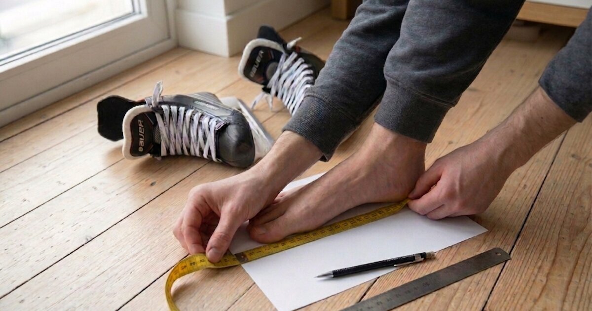person measuring a bare foot with a yellow tape measure on a sheet of paper, with Bauer hockey skates nearby — how to measure your foot for hockey skates